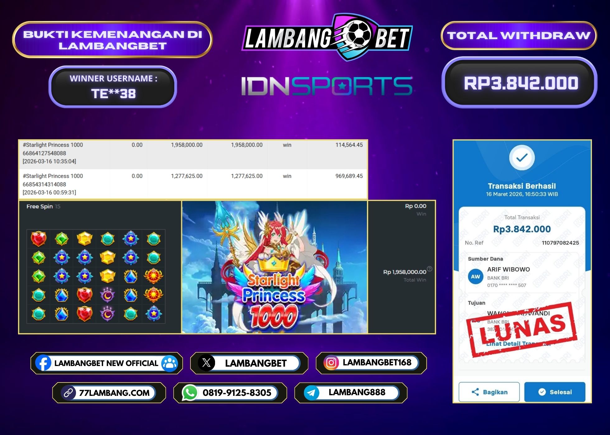 LAMBANGBET [16 MARET 2025] JACKPOT SLOT Starlight Princess 1000 "Rp3.842.000" LUNAS